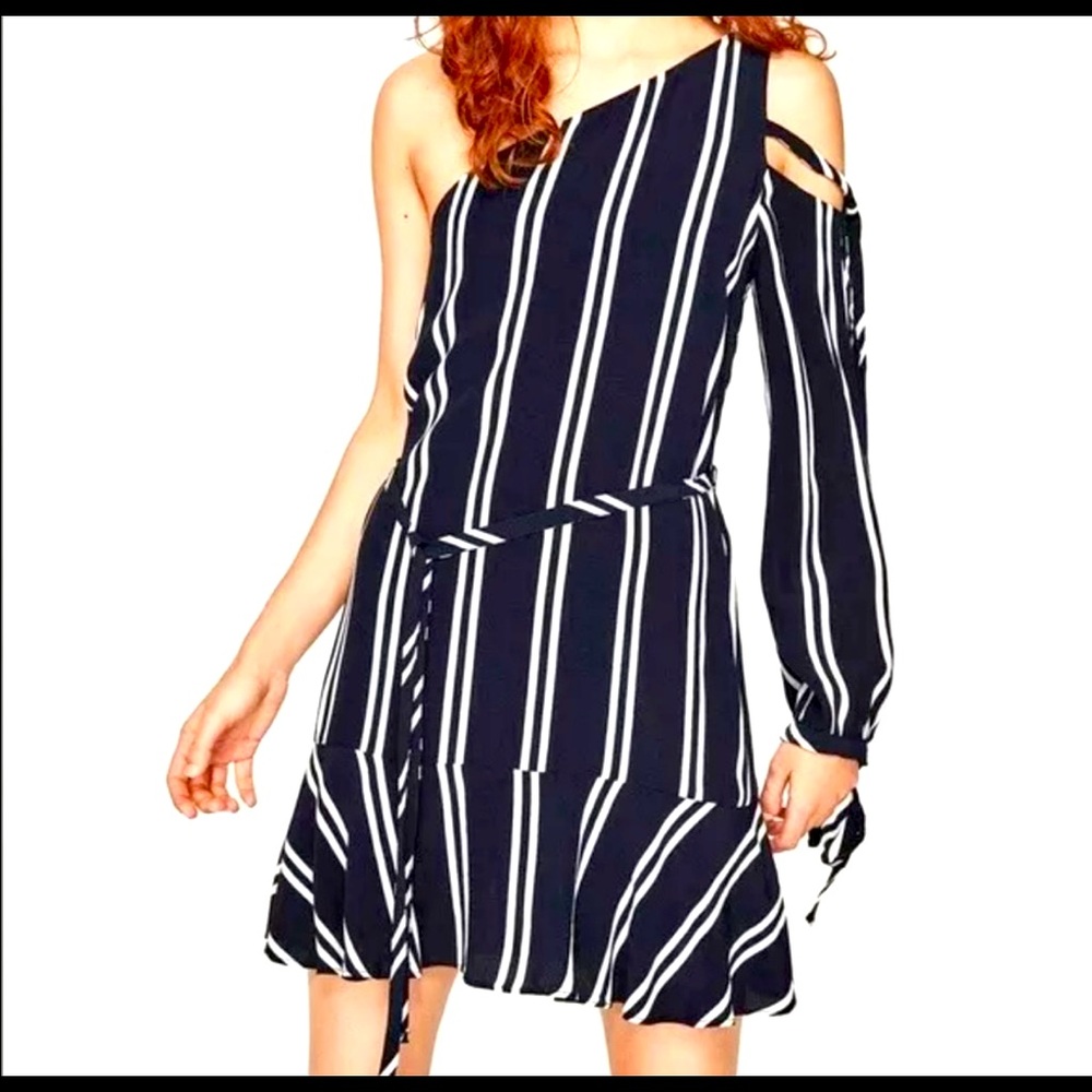 Zara Navy & White Stripped One Shoulder Dress